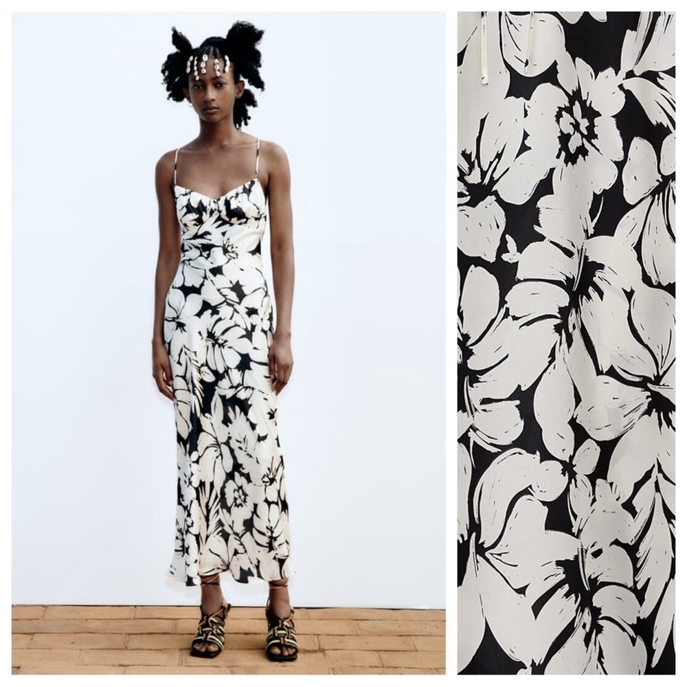 NWT. Zara Ecru/Black Tropical Print Slip Dress. Size XS.
